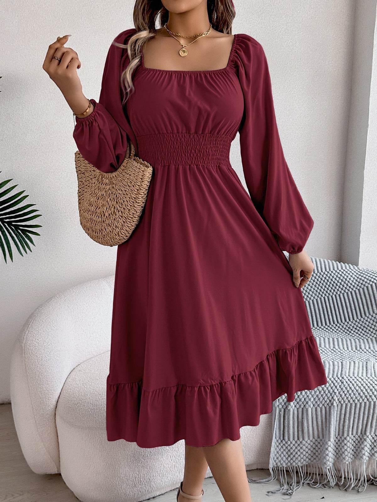 The Ruffled Charm | Solid Color Square-Neck Ruffled A-Line Midi Dress