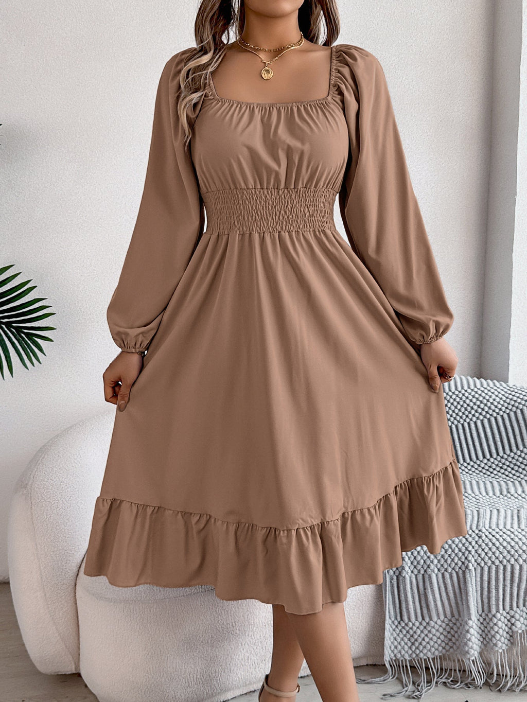 The Ruffled Charm | Solid Color Square-Neck Ruffled A-Line Midi Dress