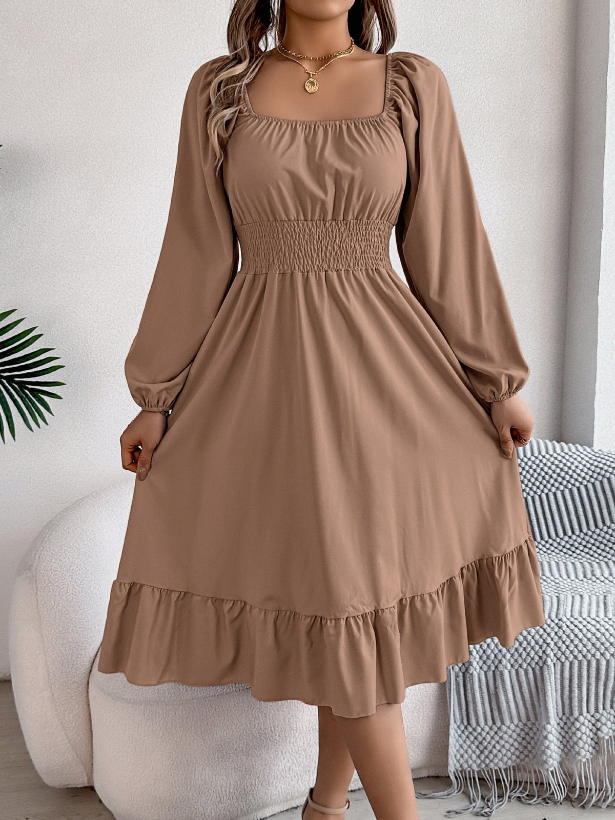 The Ruffled Charm | Solid Color Square-Neck Ruffled A-Line Midi Dress