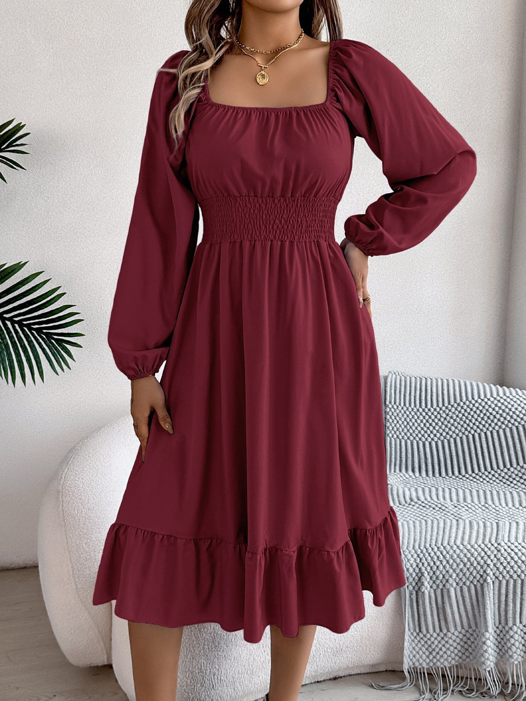 The Ruffled Charm | Solid Color Square-Neck Ruffled A-Line Midi Dress
