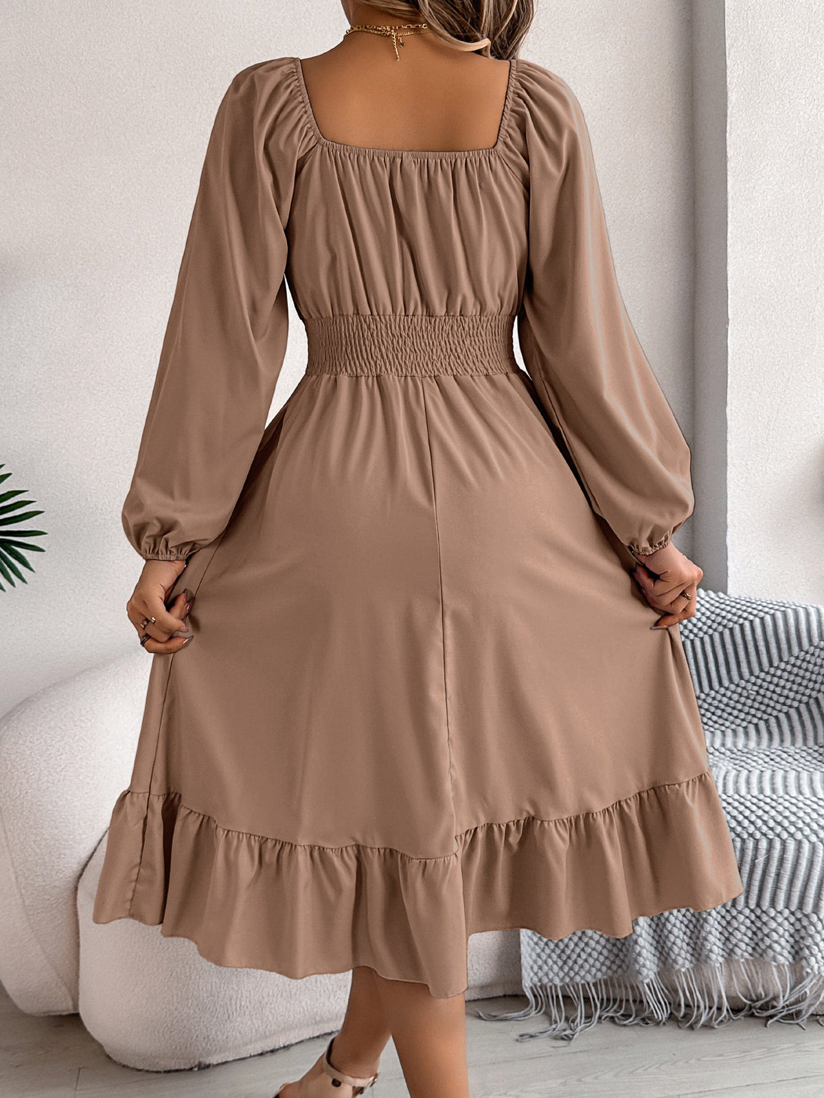 The Ruffled Charm | Solid Color Square-Neck Ruffled A-Line Midi Dress