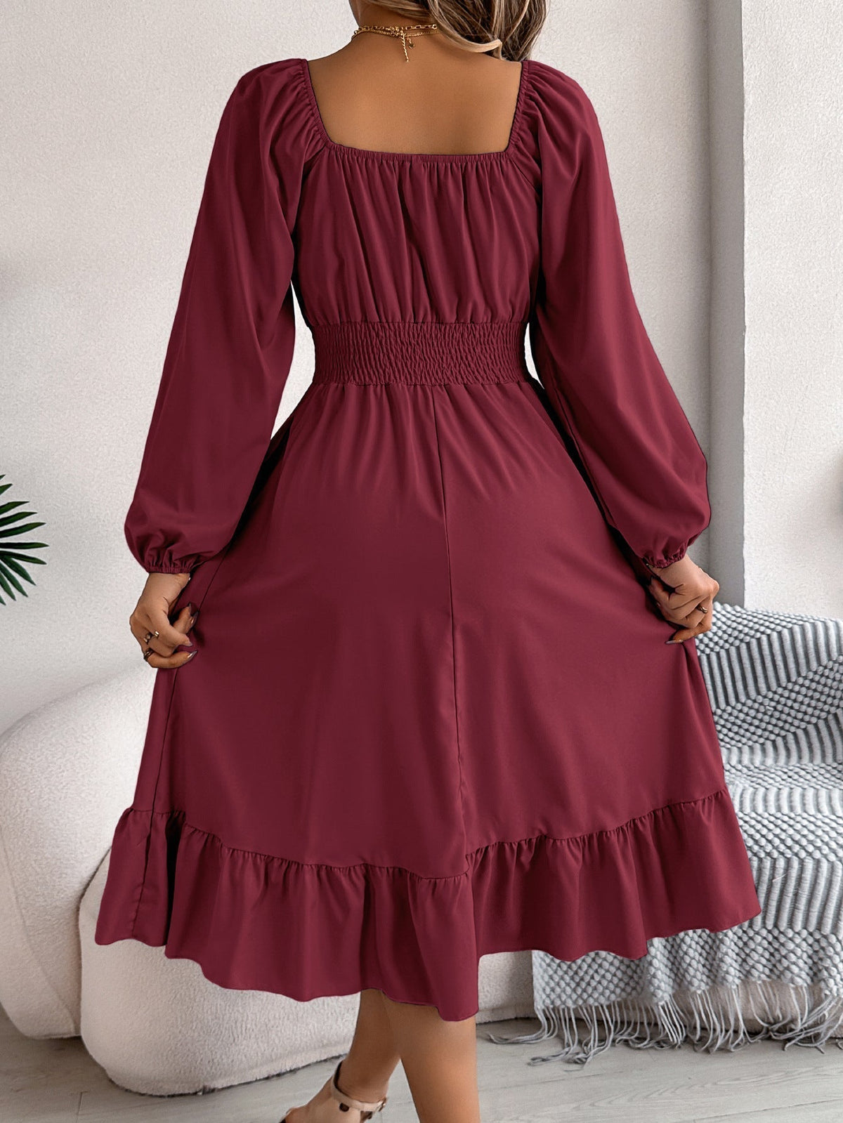 The Ruffled Charm | Solid Color Square-Neck Ruffled A-Line Midi Dress