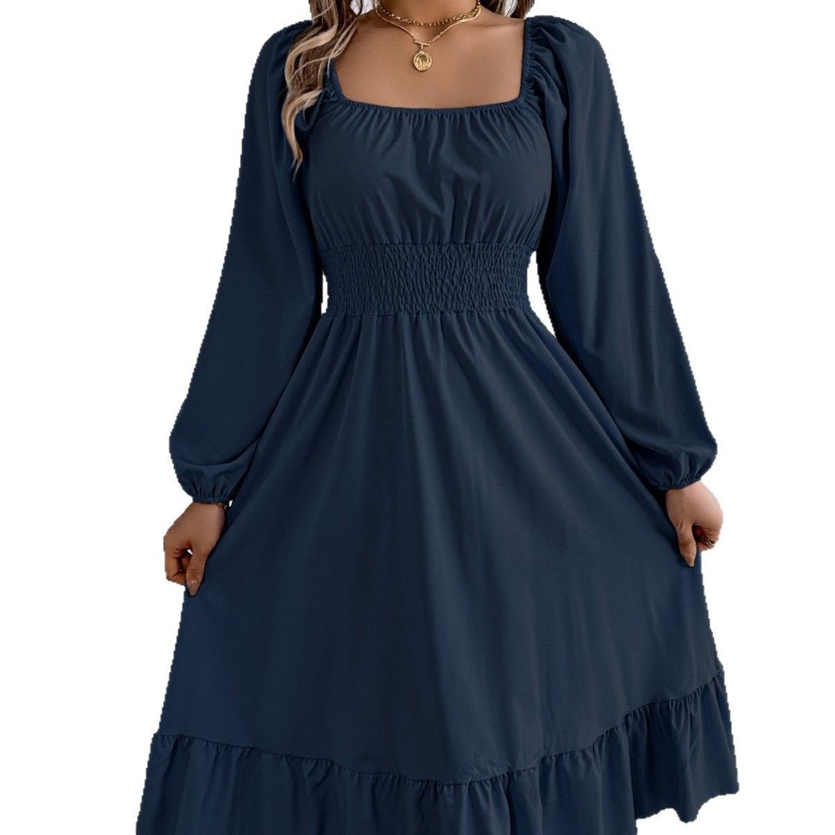 The Ruffled Charm | Solid Color Square-Neck Ruffled A-Line Midi Dress