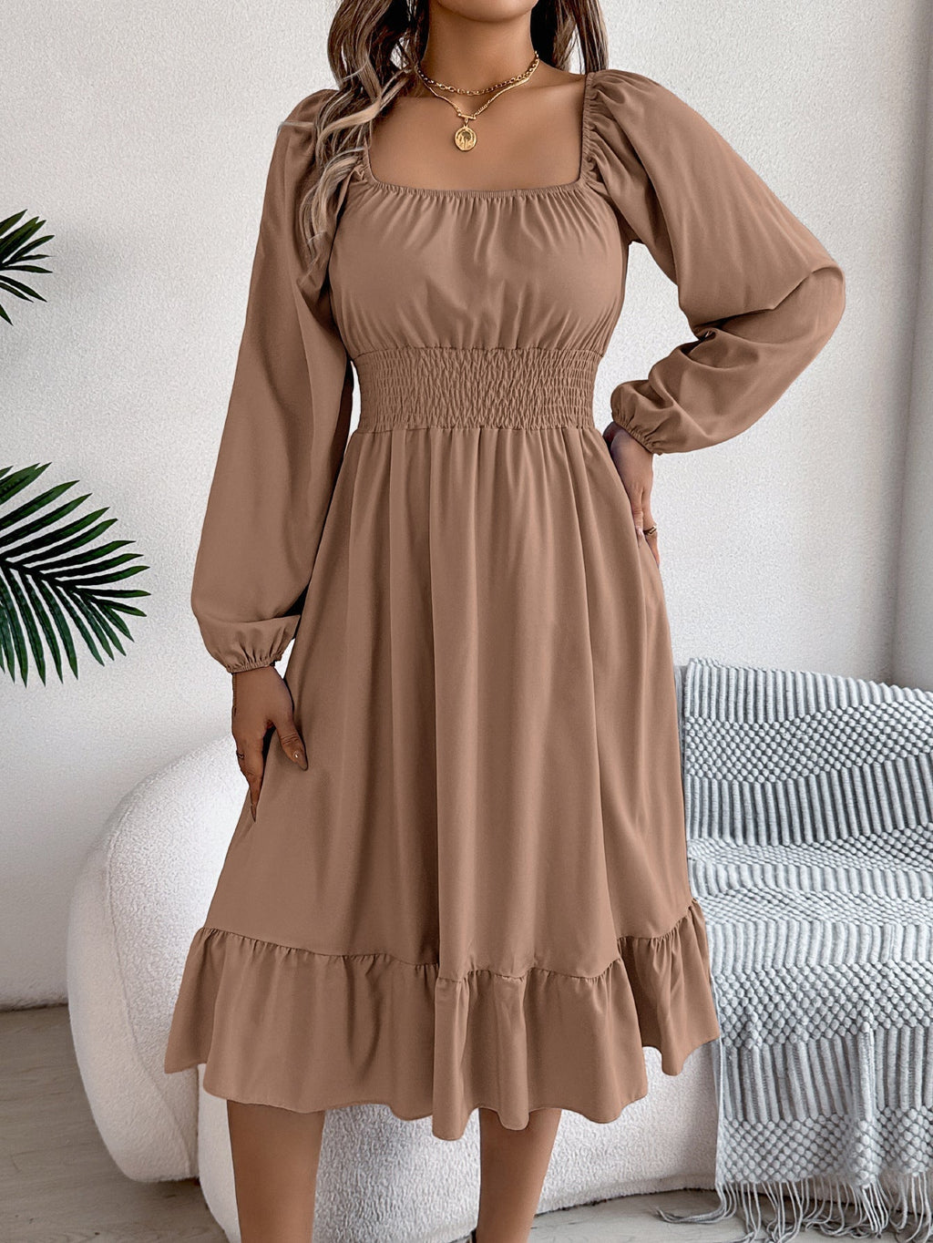 The Ruffled Charm | Solid Color Square-Neck Ruffled A-Line Midi Dress