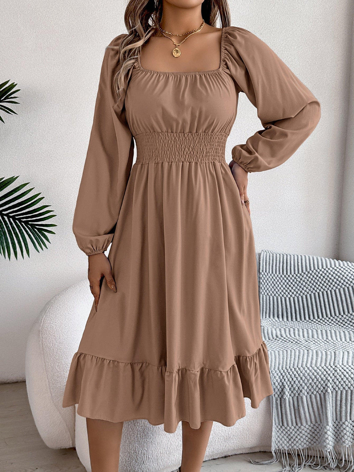 The Ruffled Charm | Solid Color Square-Neck Ruffled A-Line Midi Dress