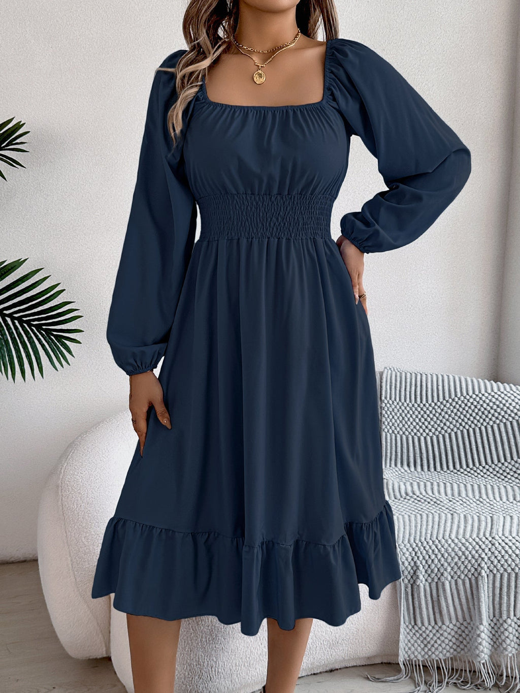 The Ruffled Charm | Solid Color Square-Neck Ruffled A-Line Midi Dress