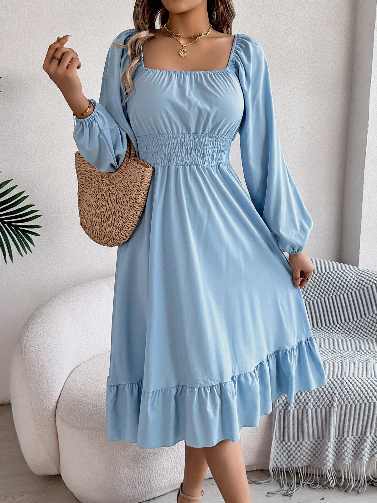 The Ruffled Charm | Solid Color Square-Neck Ruffled A-Line Midi Dress