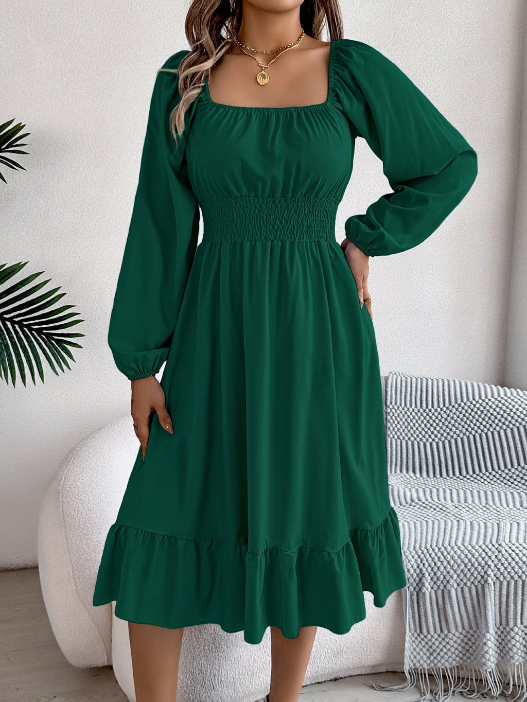 The Ruffled Charm | Solid Color Square-Neck Ruffled A-Line Midi Dress