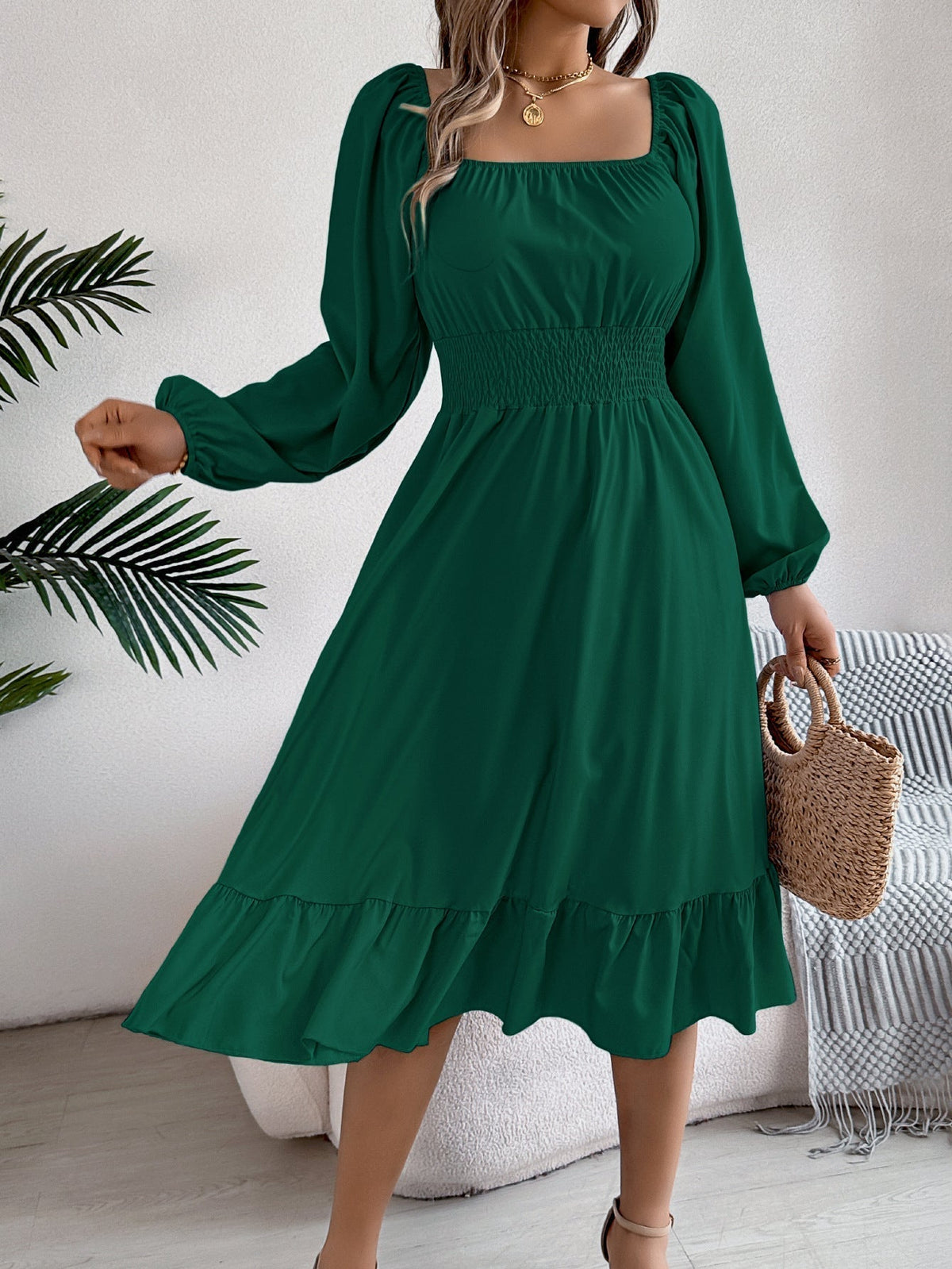 The Ruffled Charm | Solid Color Square-Neck Ruffled A-Line Midi Dress