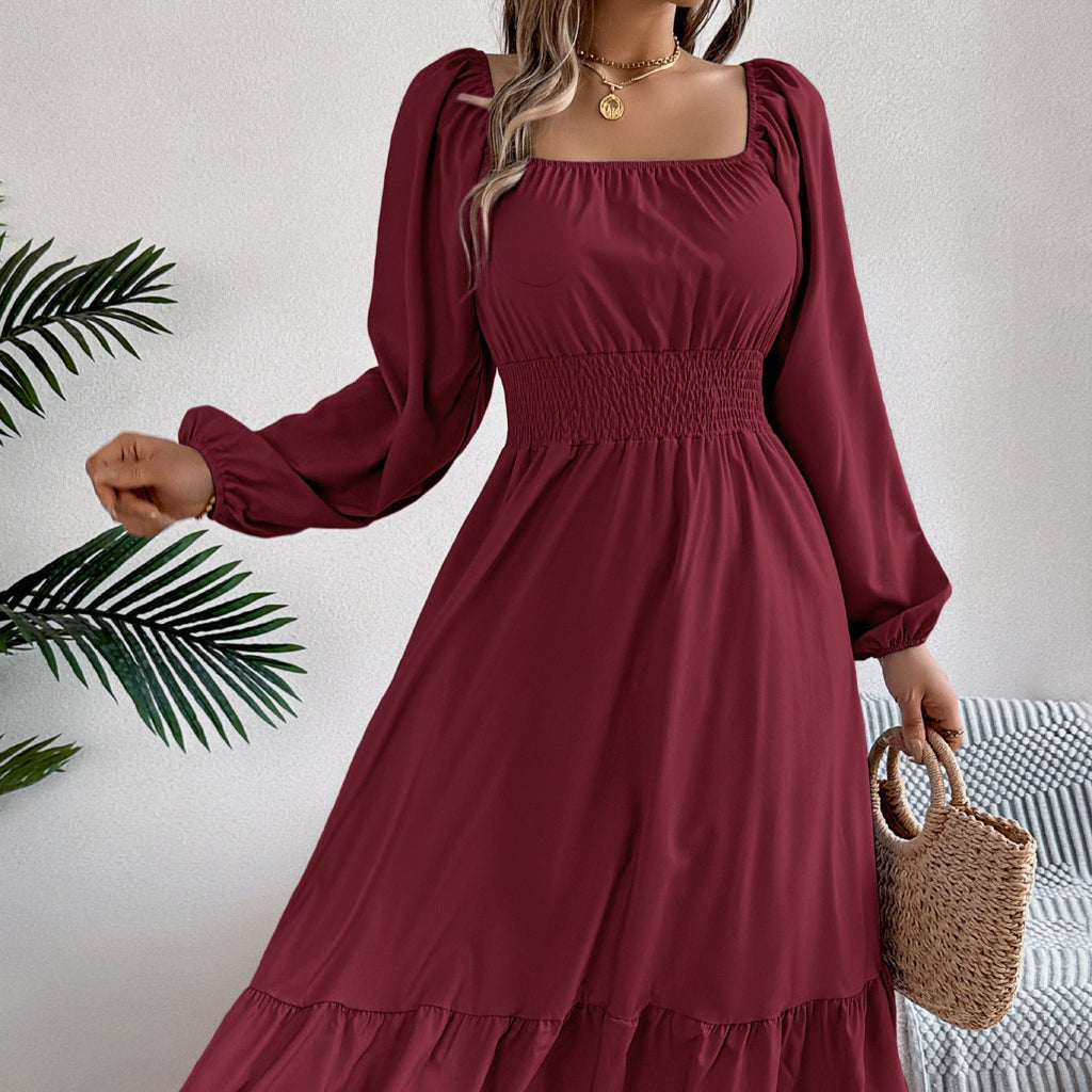 The Ruffled Charm | Solid Color Square-Neck Ruffled A-Line Midi Dress