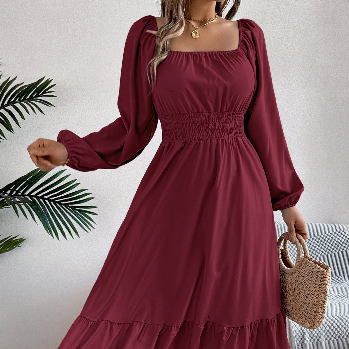 The Ruffled Charm | Solid Color Square-Neck Ruffled A-Line Midi Dress