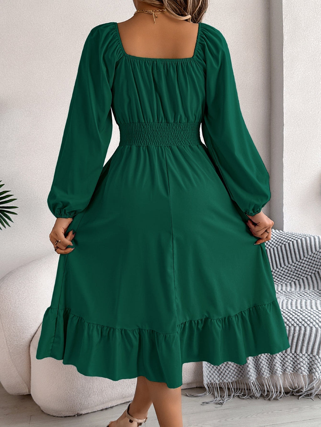 The Ruffled Charm | Solid Color Square-Neck Ruffled A-Line Midi Dress