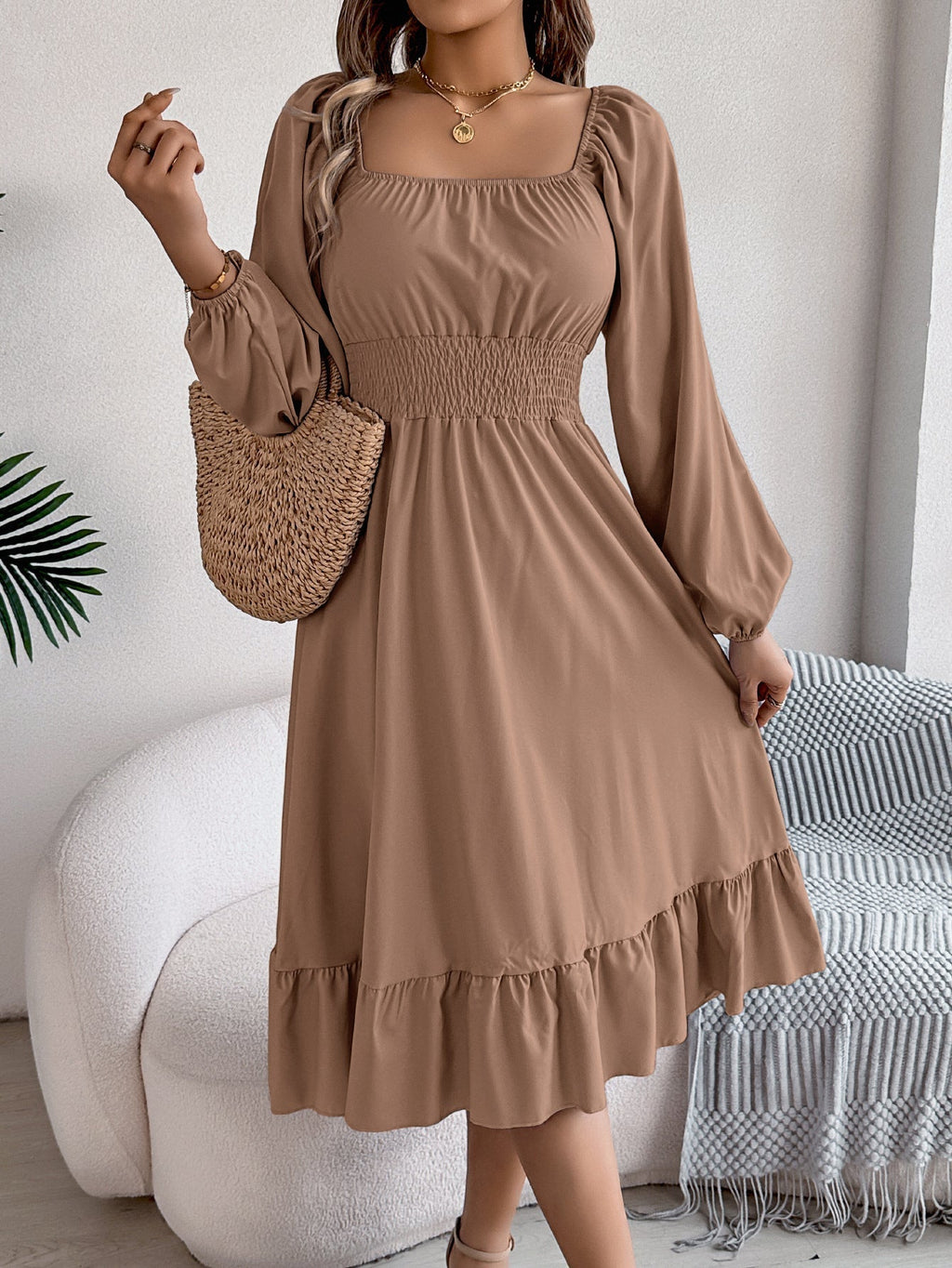 The Ruffled Charm | Solid Color Square-Neck Ruffled A-Line Midi Dress