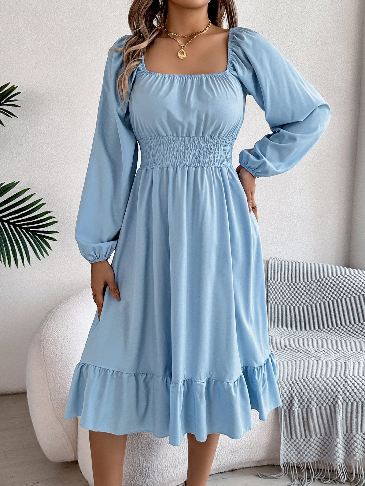 The Ruffled Charm | Solid Color Square-Neck Ruffled A-Line Midi Dress