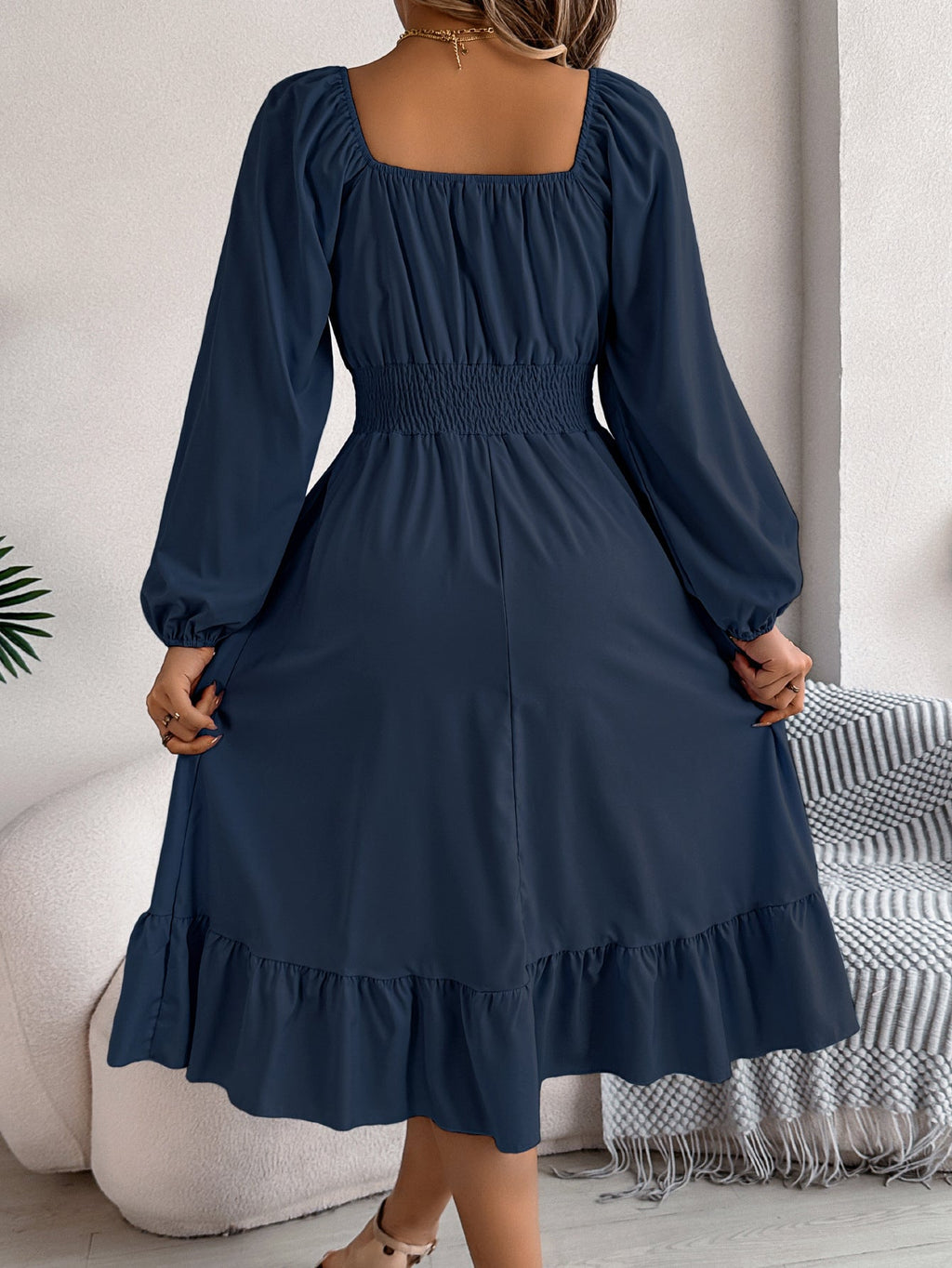 The Ruffled Charm | Solid Color Square-Neck Ruffled A-Line Midi Dress