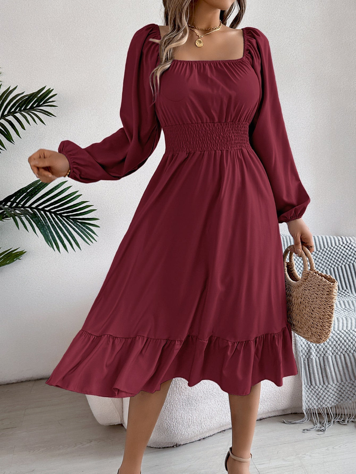 The Ruffled Charm | Solid Color Square-Neck Ruffled A-Line Midi Dress