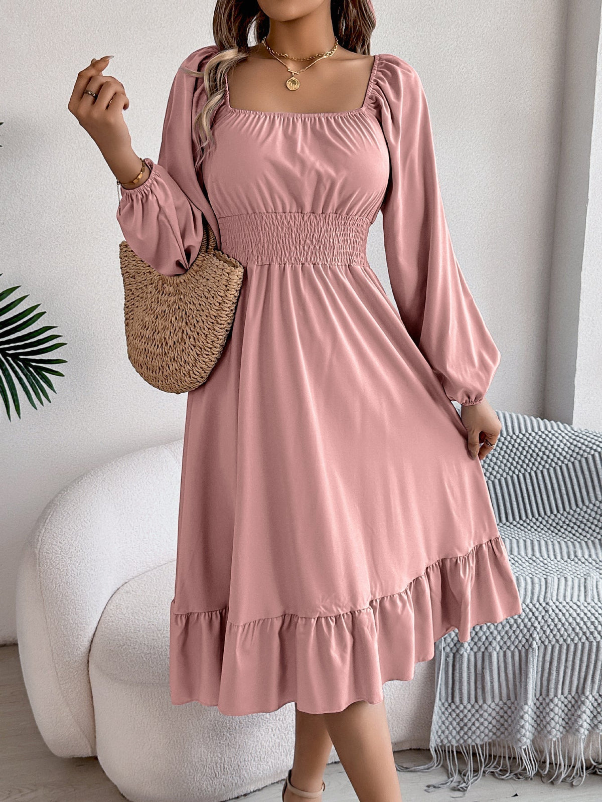 The Ruffled Charm | Solid Color Square-Neck Ruffled A-Line Midi Dress