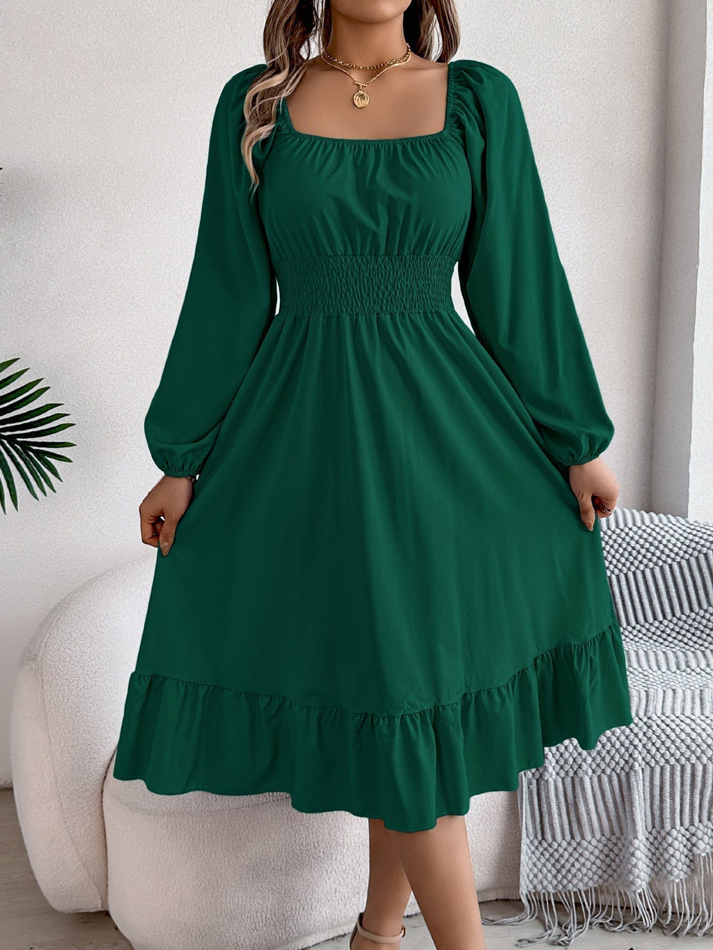 The Ruffled Charm | Solid Color Square-Neck Ruffled A-Line Midi Dress