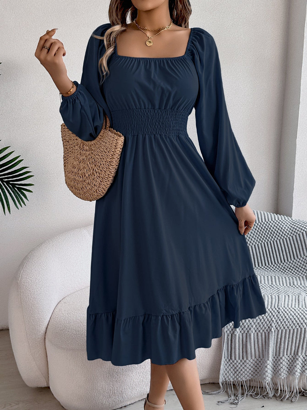 The Ruffled Charm | Solid Color Square-Neck Ruffled A-Line Midi Dress