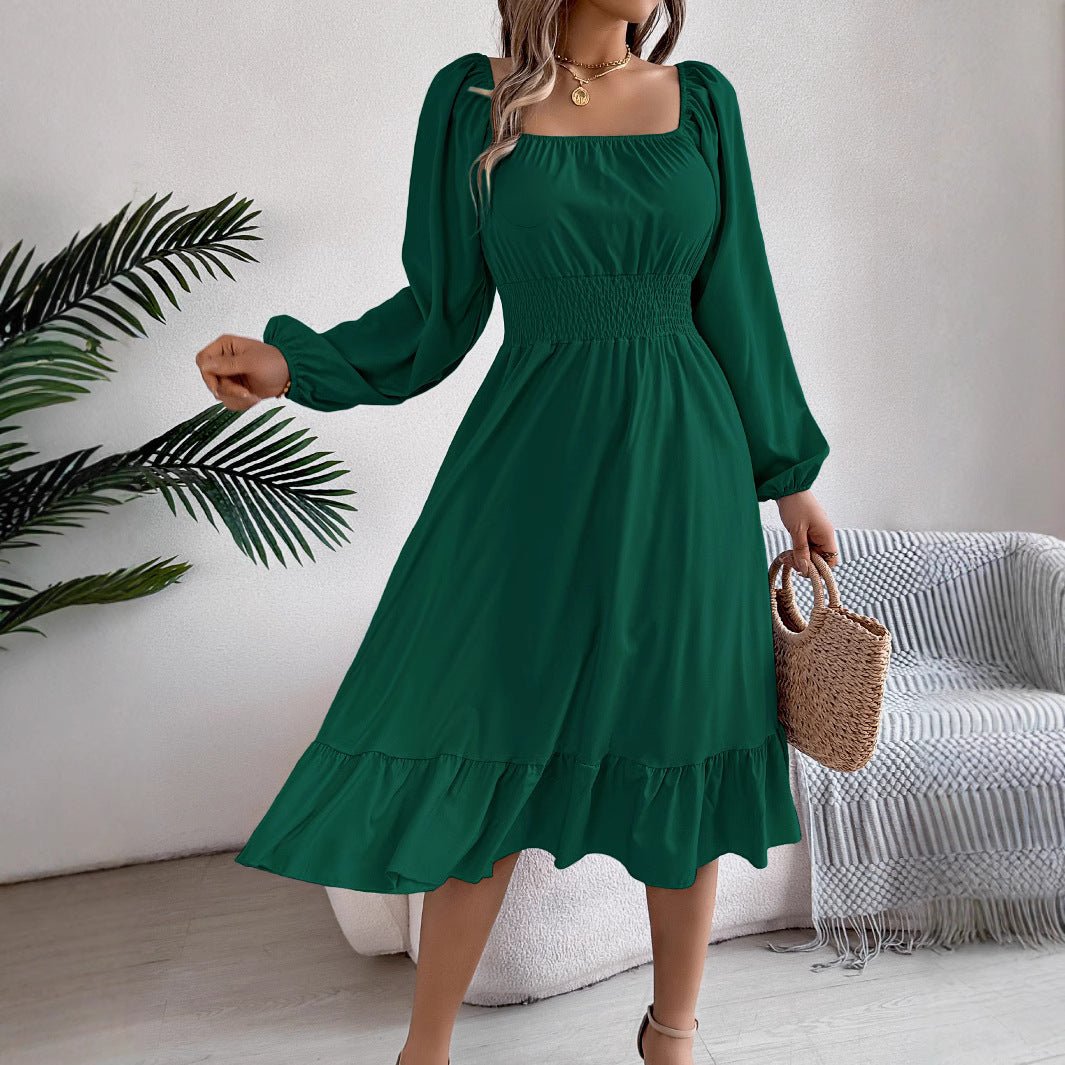 The Ruffled Charm | Solid Color Square-Neck Ruffled A-Line Midi Dress