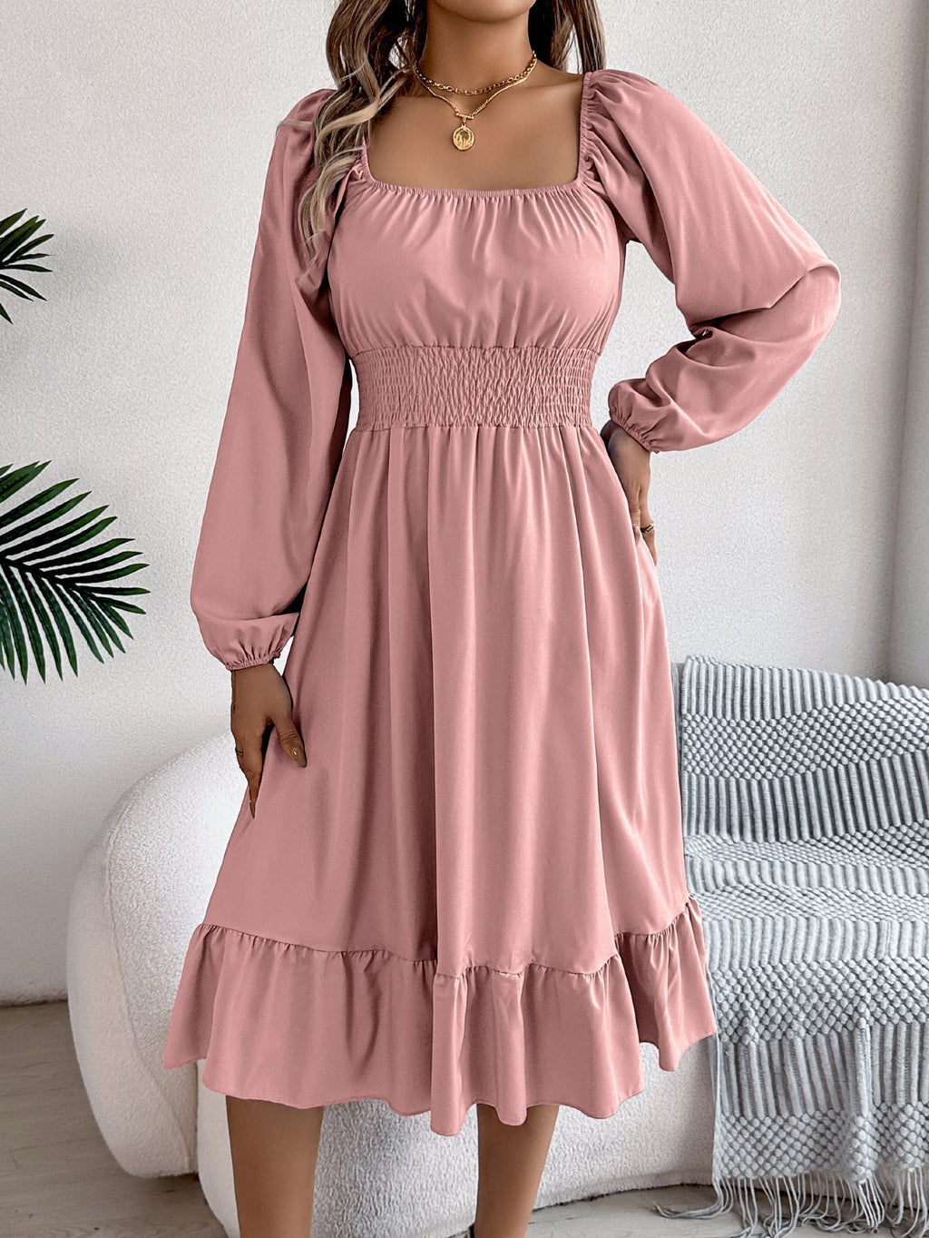 The Ruffled Charm | Solid Color Square-Neck Ruffled A-Line Midi Dress