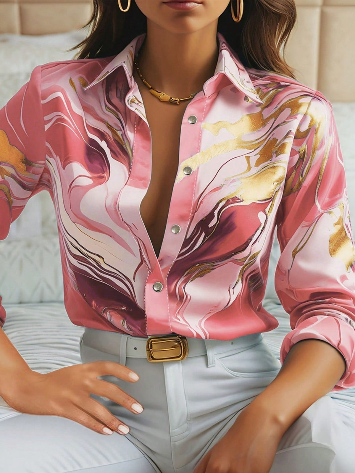 Clasi Marble Print Button Front  Long Sleeve Shirt