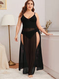 Mesh Desire | Plus Size Split Thigh Slip with Thong Black