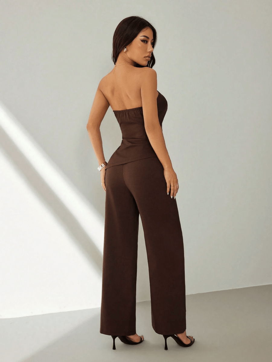 Noir Set – Gathered Strapless Top with Wide-Leg Pants