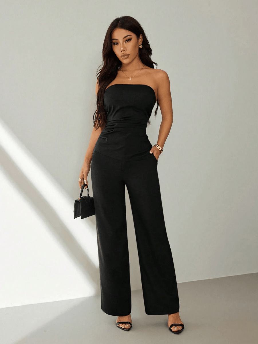 Noir Set – Gathered Strapless Top with Wide-Leg Pants