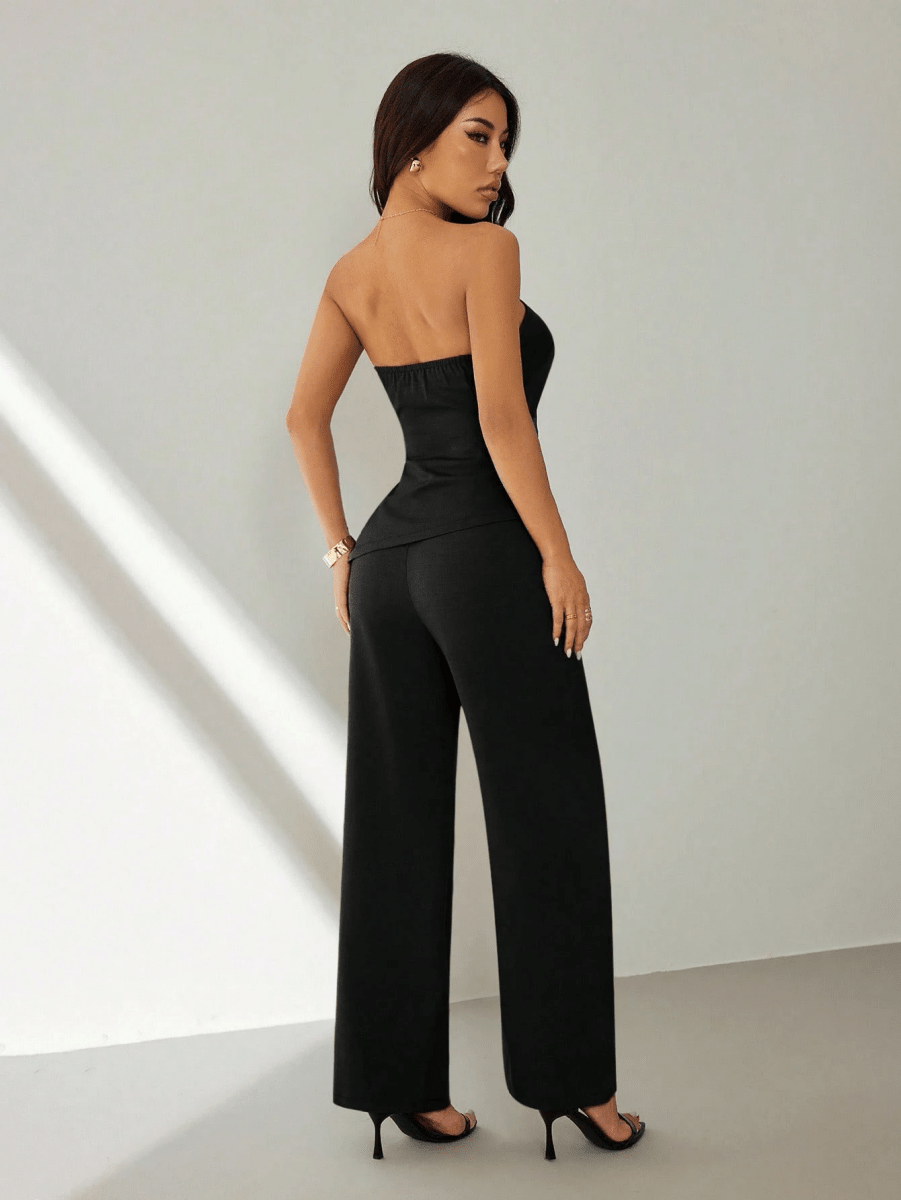 Noir Set – Gathered Strapless Top with Wide-Leg Pants