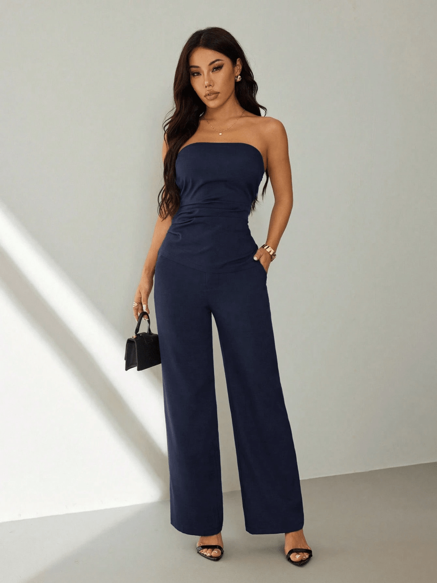 Noir Set – Gathered Strapless Top with Wide-Leg Pants