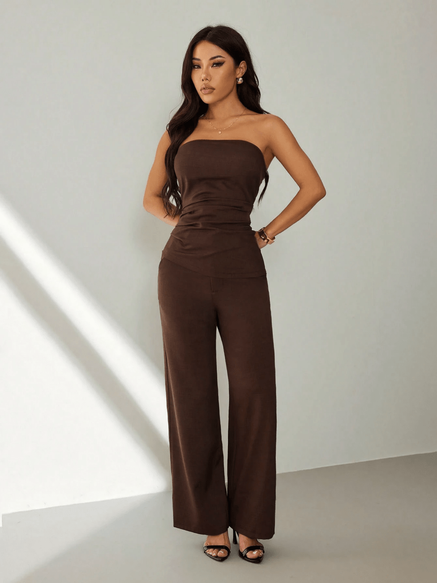 Noir Set – Gathered Strapless Top with Wide-Leg Pants
