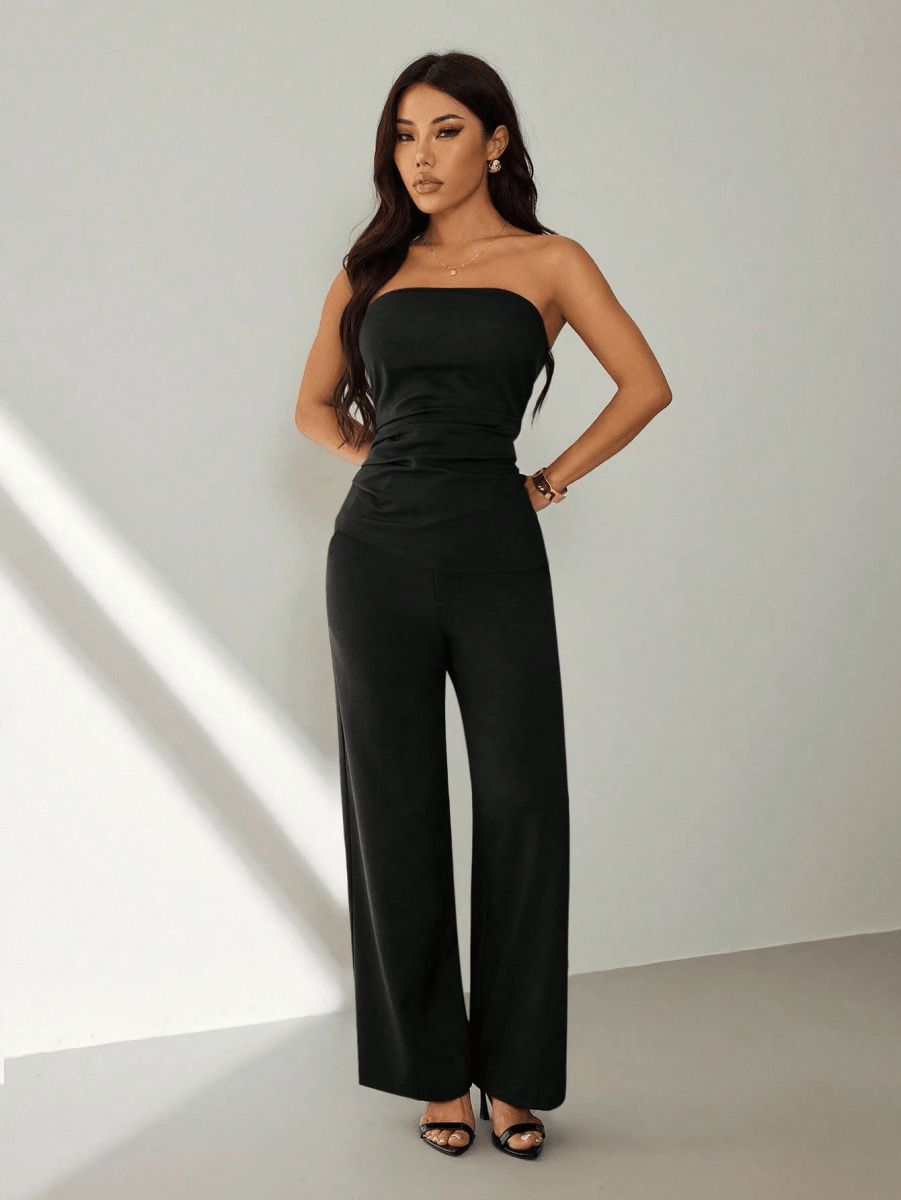 Noir Set – Gathered Strapless Top with Wide-Leg Pants