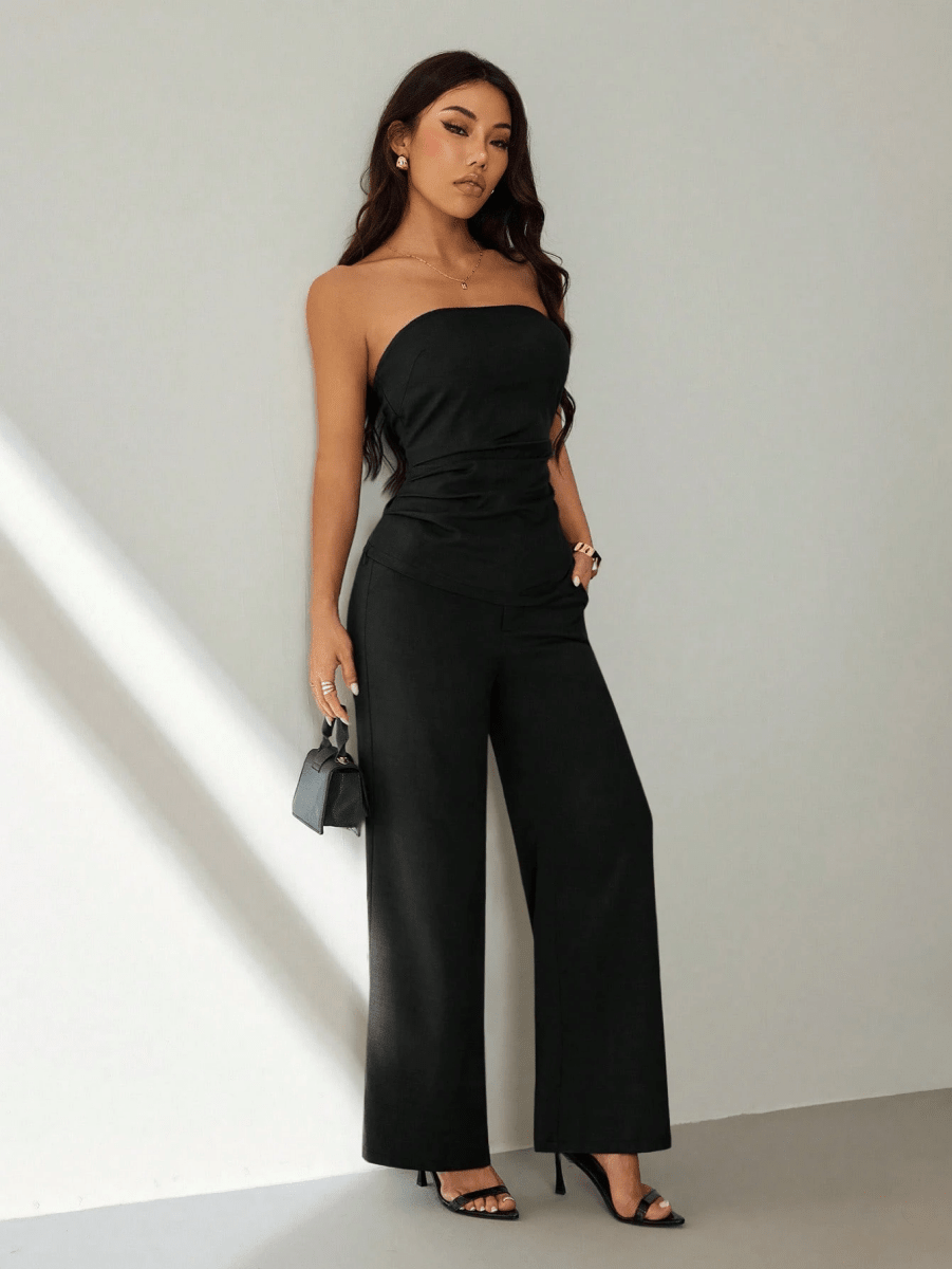 Noir Set – Gathered Strapless Top with Wide-Leg Pants