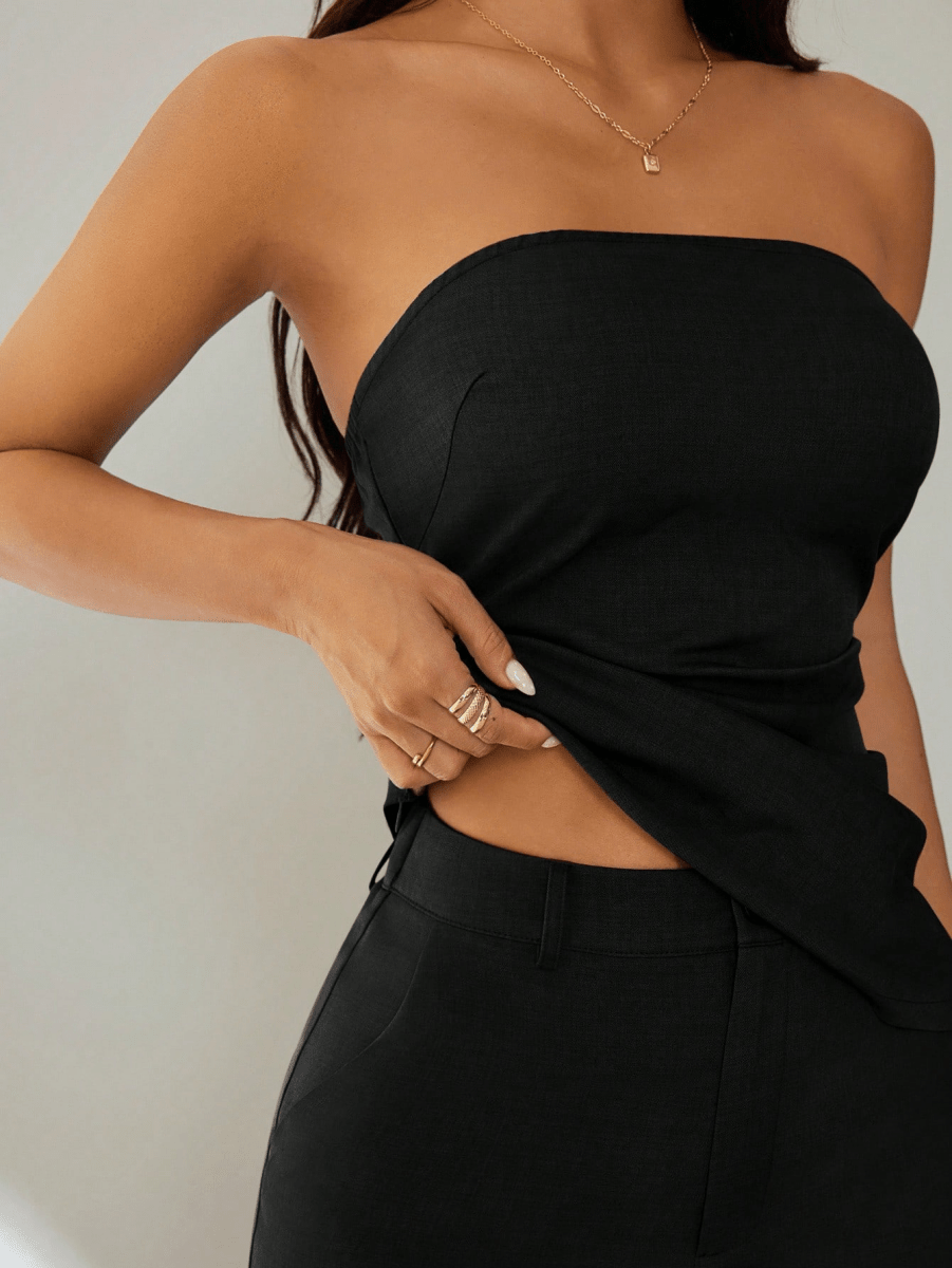 Noir Set – Gathered Strapless Top with Wide-Leg Pants