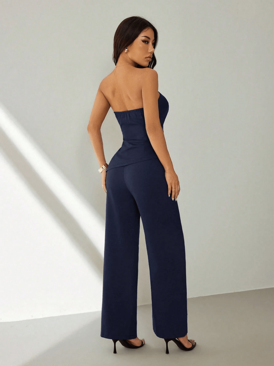 Noir Set – Gathered Strapless Top with Wide-Leg Pants