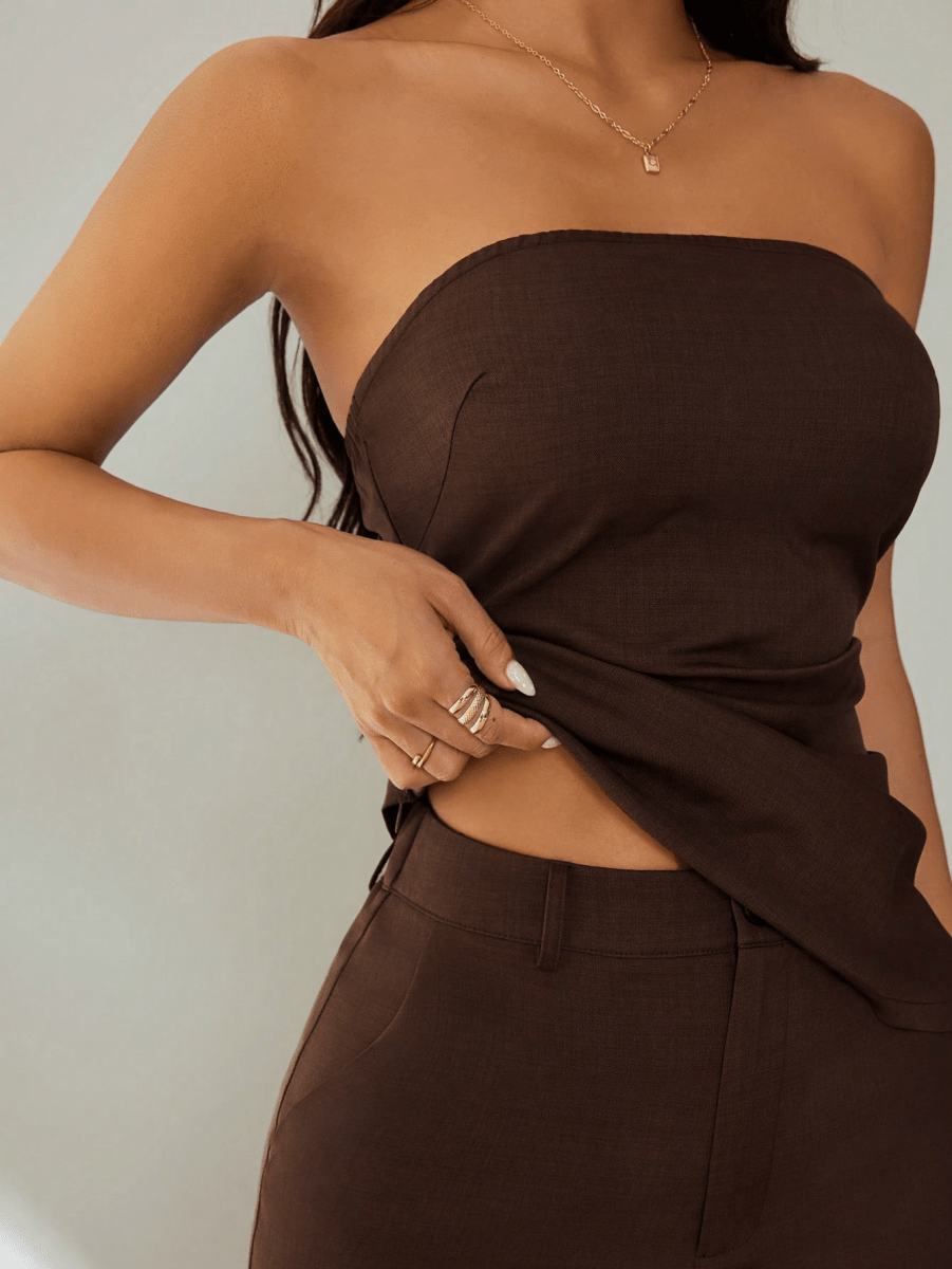 Noir Set – Gathered Strapless Top with Wide-Leg Pants