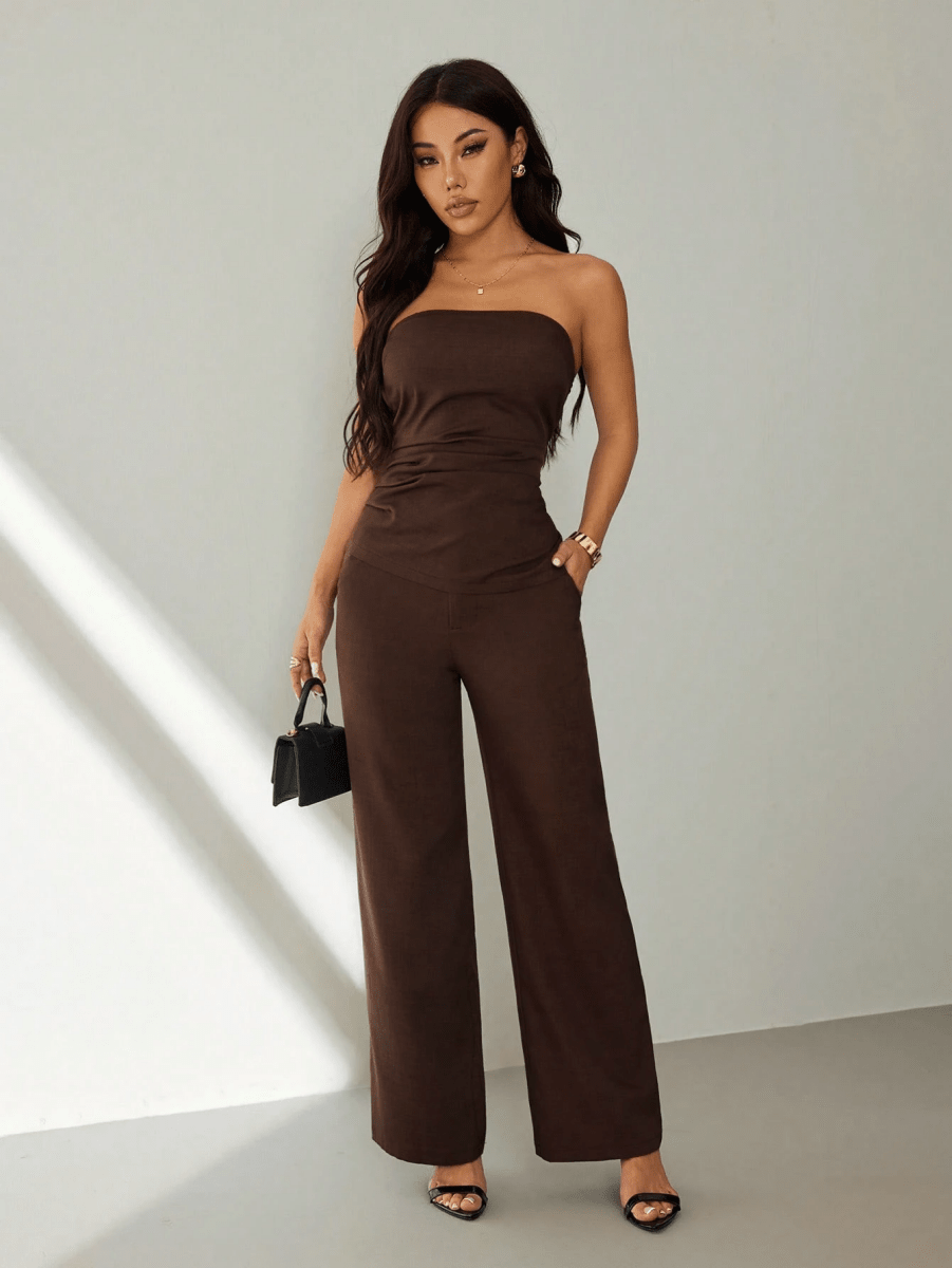 Noir Set – Gathered Strapless Top with Wide-Leg Pants