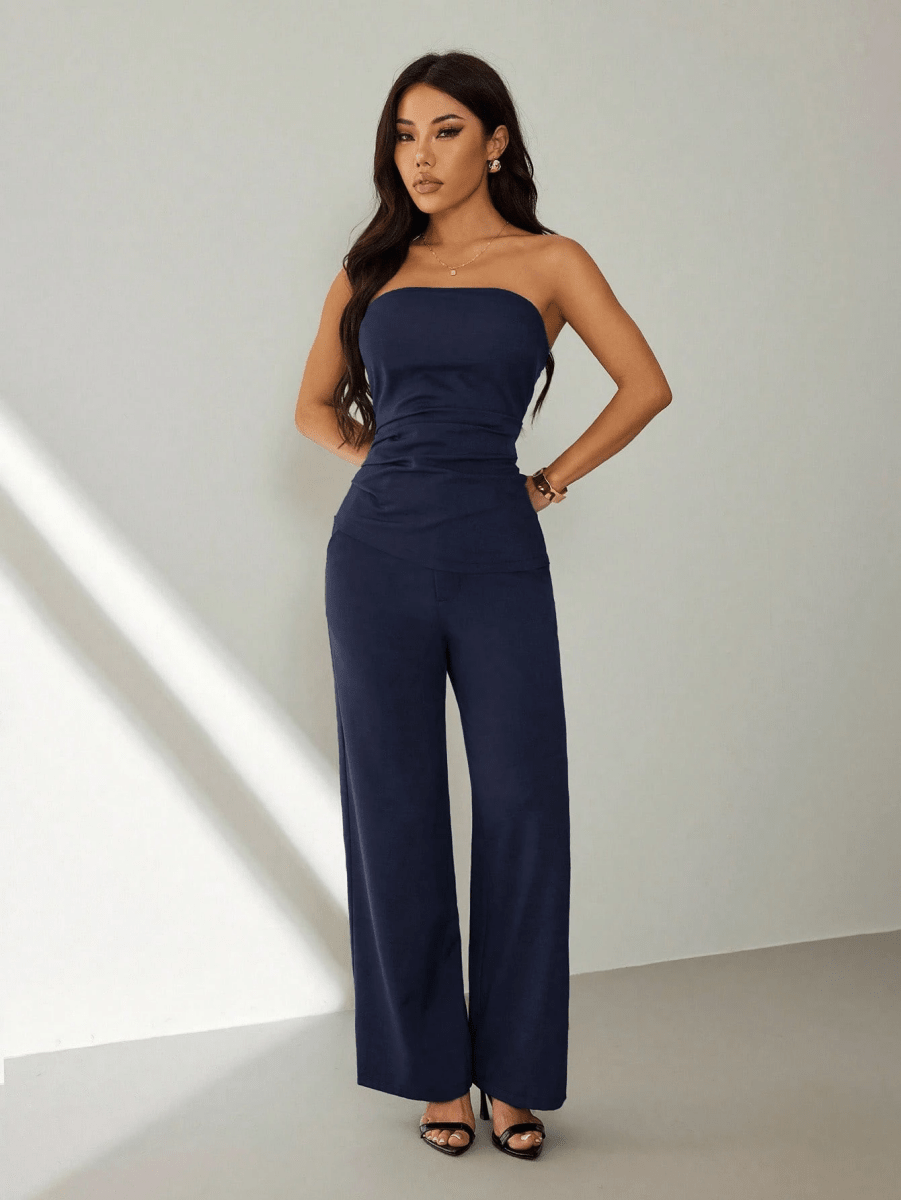 Noir Set – Gathered Strapless Top with Wide-Leg Pants