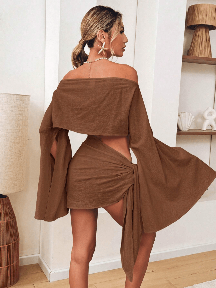 Cala Set – Off-Shoulder Top with Cap Sleeves, Cape, and Knotted Mini Skirt