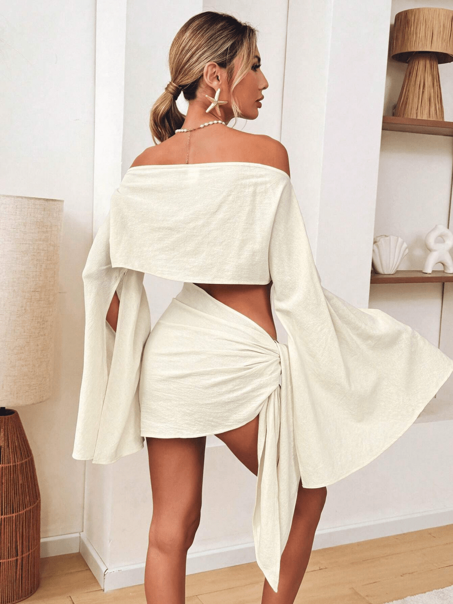 Cala Set – Off-Shoulder Top with Cap Sleeves, Cape, and Knotted Mini Skirt
