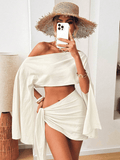 Cala Set – Off-Shoulder Top with Cap Sleeves, Cape, and Knotted Mini Skirt