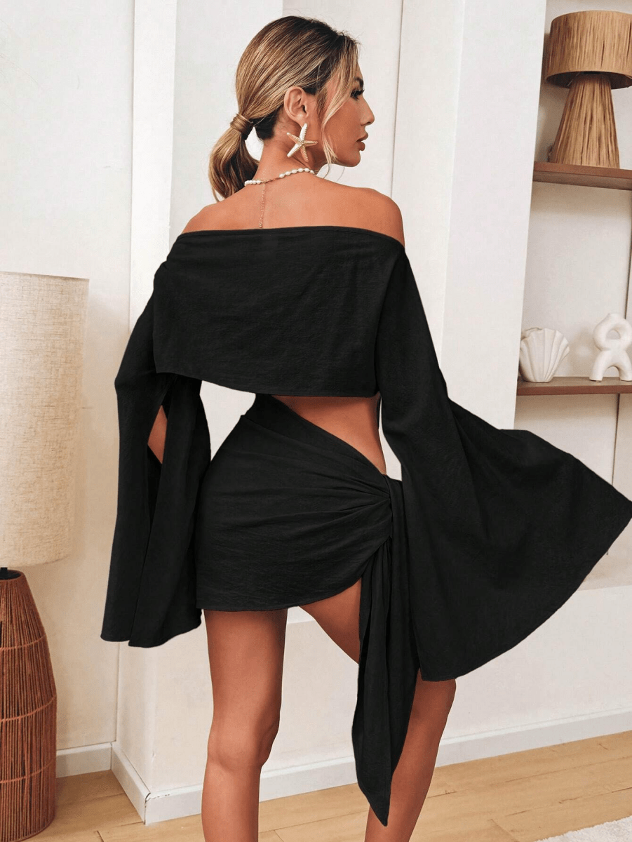 Cala Set – Off-Shoulder Top with Cap Sleeves, Cape, and Knotted Mini Skirt