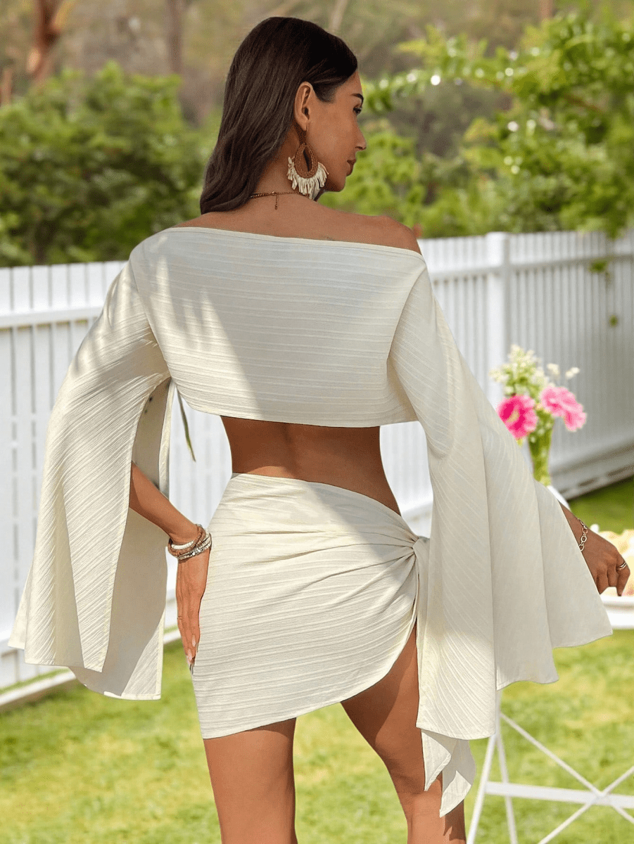Cala Set – Off-Shoulder Top with Cap Sleeves, Cape, and Knotted Mini Skirt