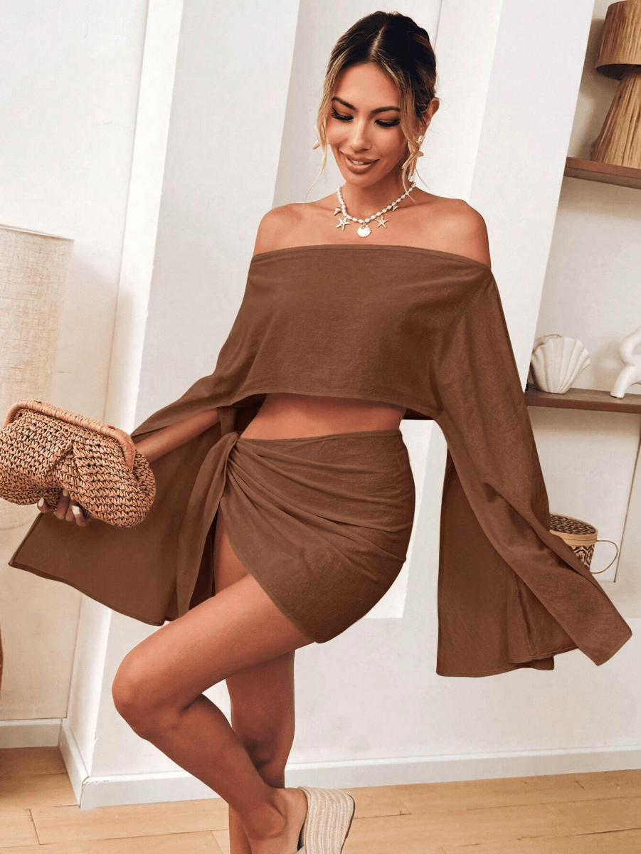 Cala Set – Off-Shoulder Top with Cap Sleeves, Cape, and Knotted Mini Skirt
