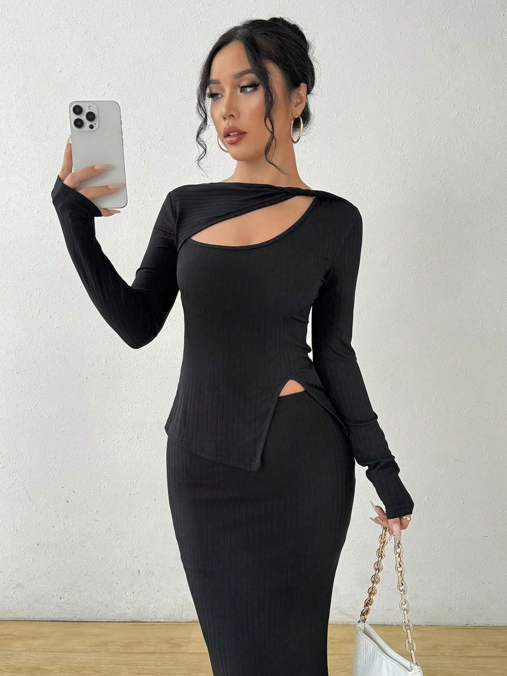Cut Out Asymmetrical Hem Tee & Skirt