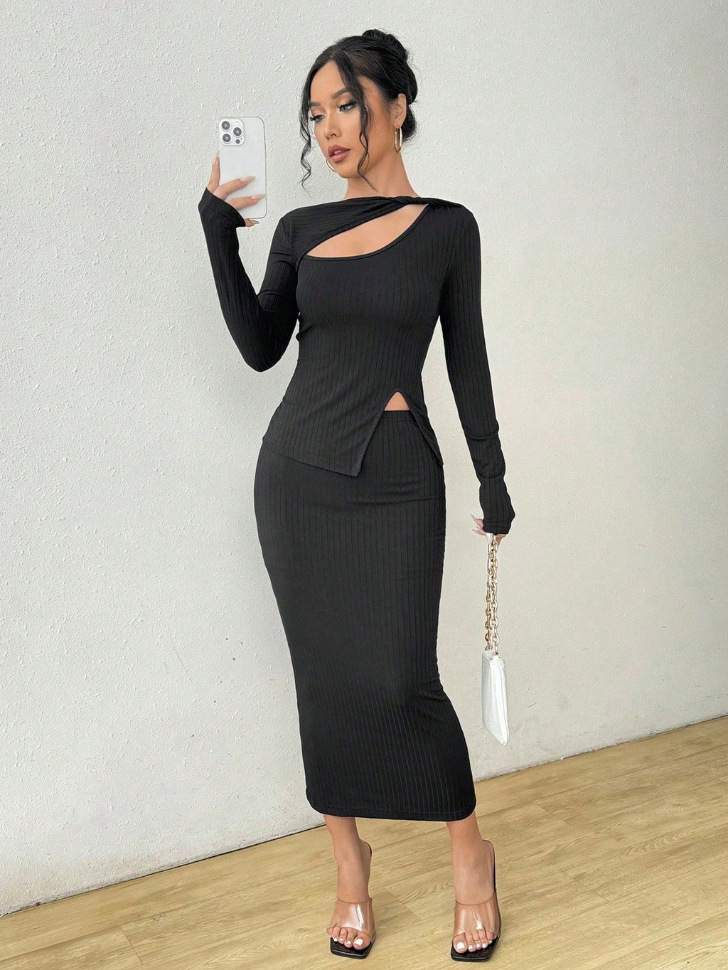 Cut Out Asymmetrical Hem Tee & Skirt