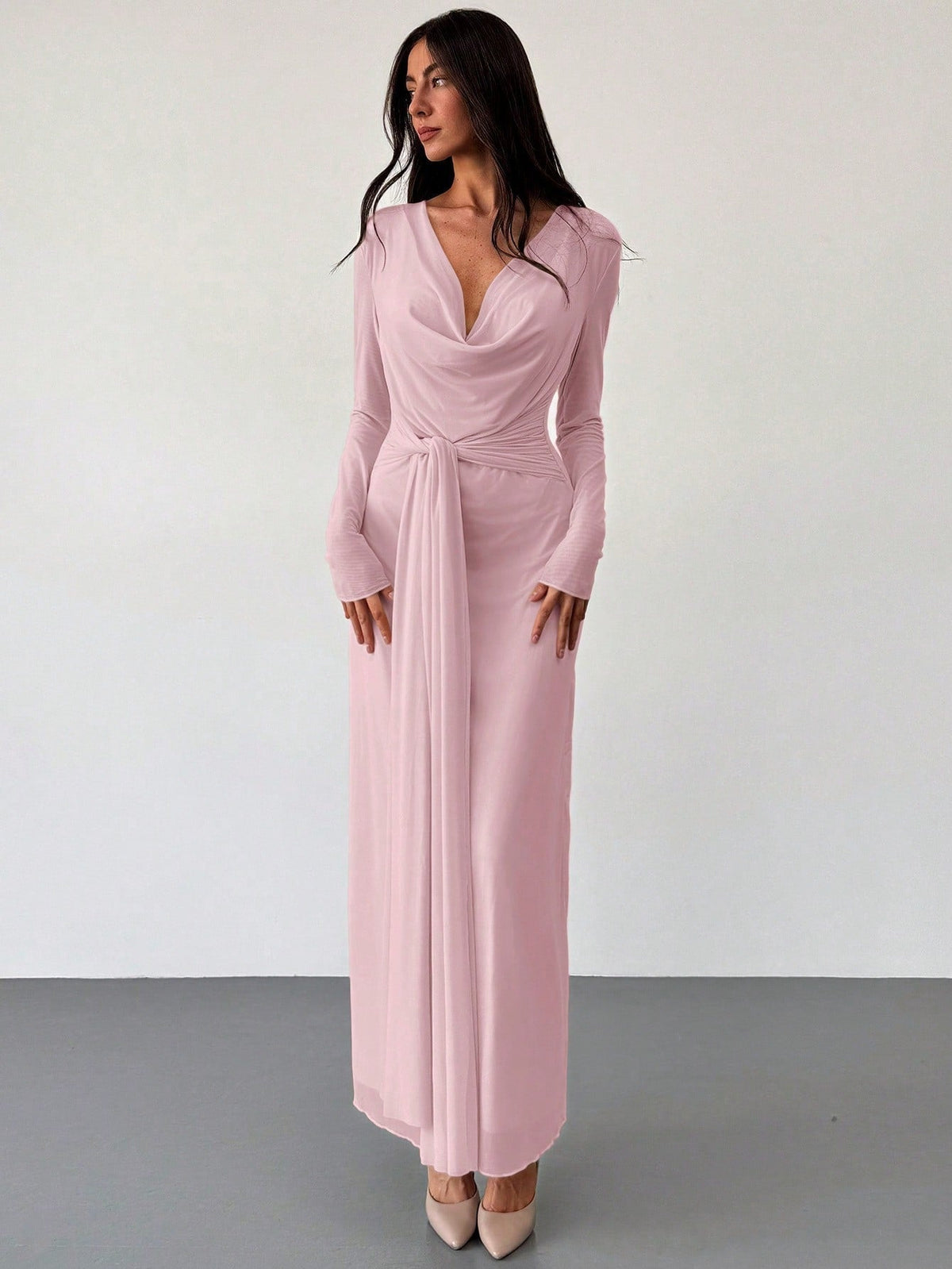 Deep Draped Neck Long Sleeve Tight-Fitting Mesh Lace Dress, Apricot, Romantic For Date & Outing