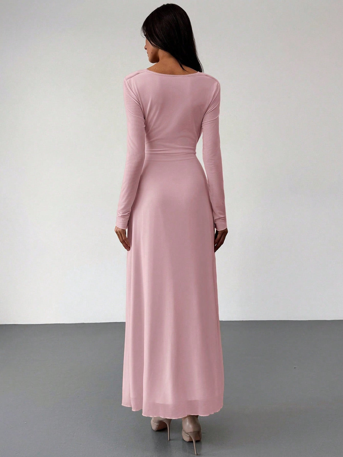 Deep Draped Neck Long Sleeve Tight-Fitting Mesh Lace Dress, Apricot, Romantic For Date & Outing