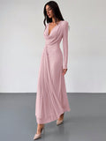 Deep Draped Neck Long Sleeve Tight-Fitting Mesh Lace Dress, Apricot, Romantic For Date & Outing